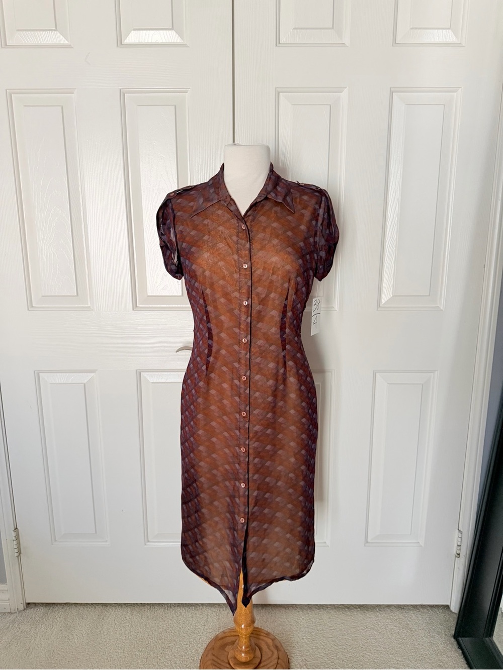 90s Vintage Sheer Button-Front Brown Patterned Shirt Dress